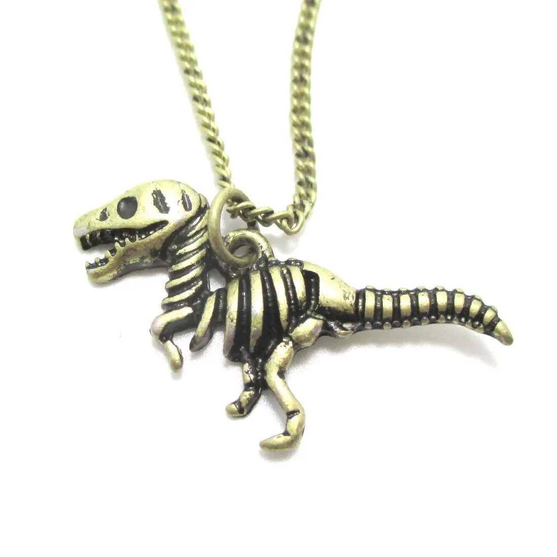 T Rex Dinosaur Skeleton Fossil Animal Bones Pendant Necklace in Brass