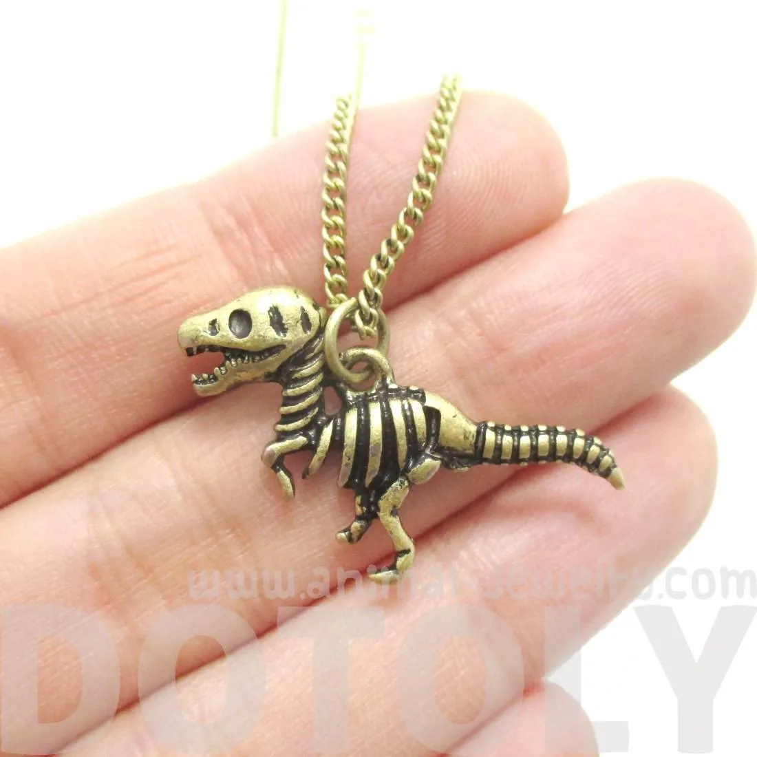 T Rex Dinosaur Skeleton Fossil Animal Bones Pendant Necklace in Brass