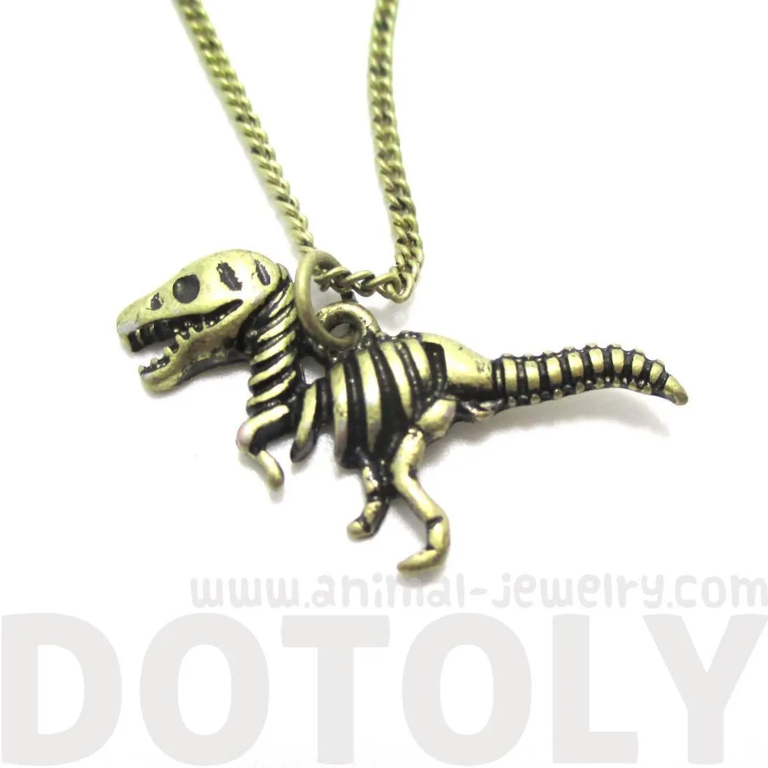 T Rex Dinosaur Skeleton Fossil Animal Bones Pendant Necklace in Brass