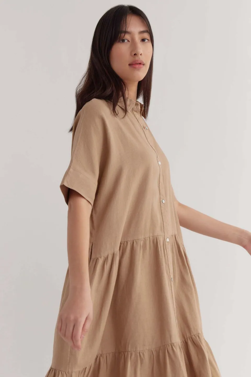 Tiered Camel SS Linen Maxi Shirt Dress