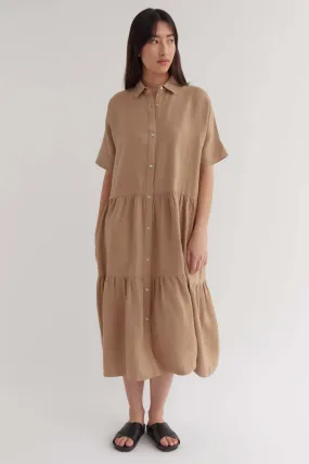 Tiered Camel SS Linen Maxi Shirt Dress