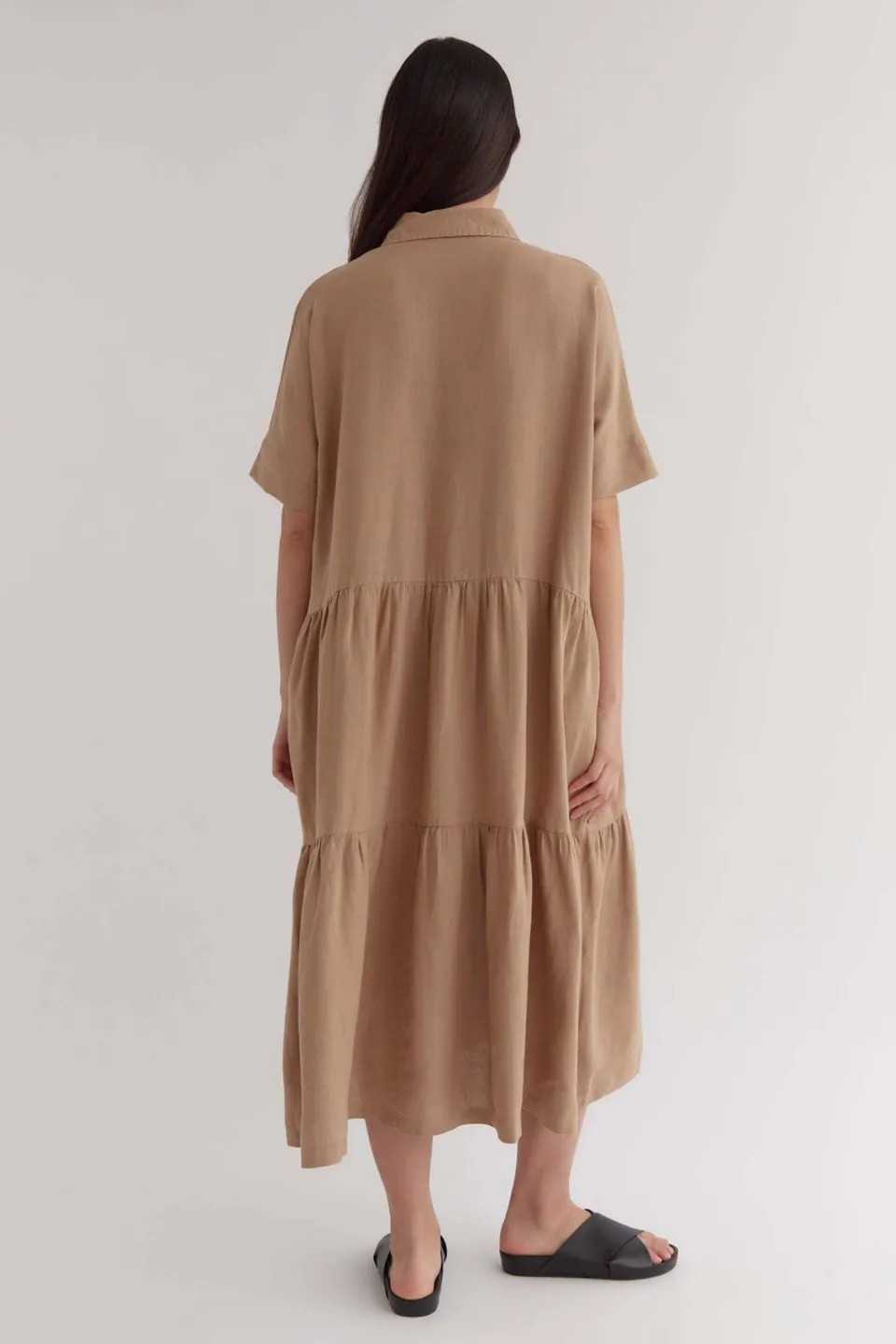 Tiered Camel SS Linen Maxi Shirt Dress