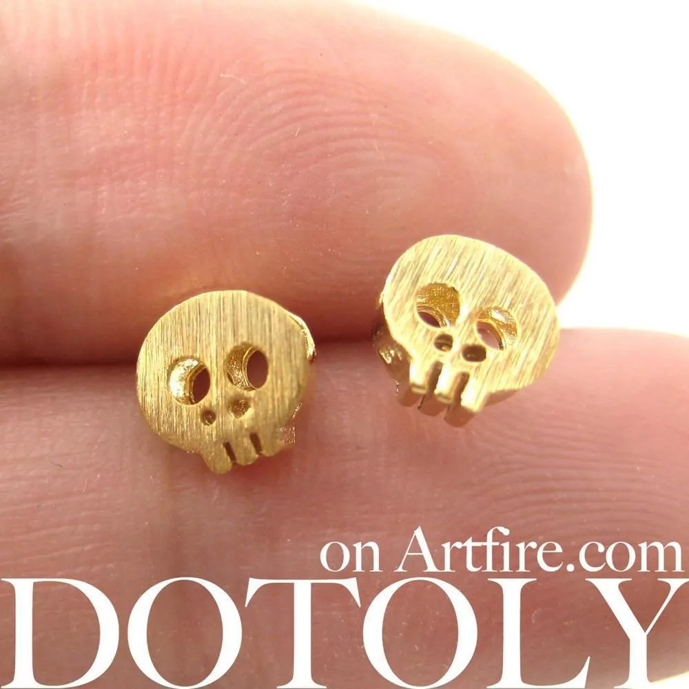 Tiny Skull Shaped Skeleton Stud Earrings in Gold with Sterling Silver Posts