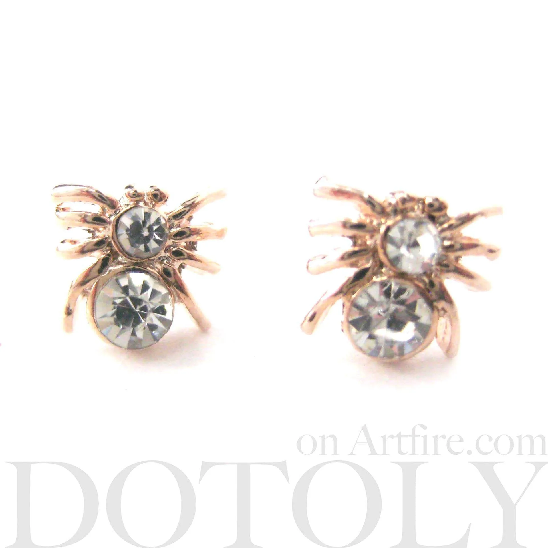 Tiny Tarantula Spider Shaped Stud Earrings in Rose Gold with Rhinestones