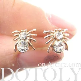 Tiny Tarantula Spider Shaped Stud Earrings in Rose Gold with Rhinestones