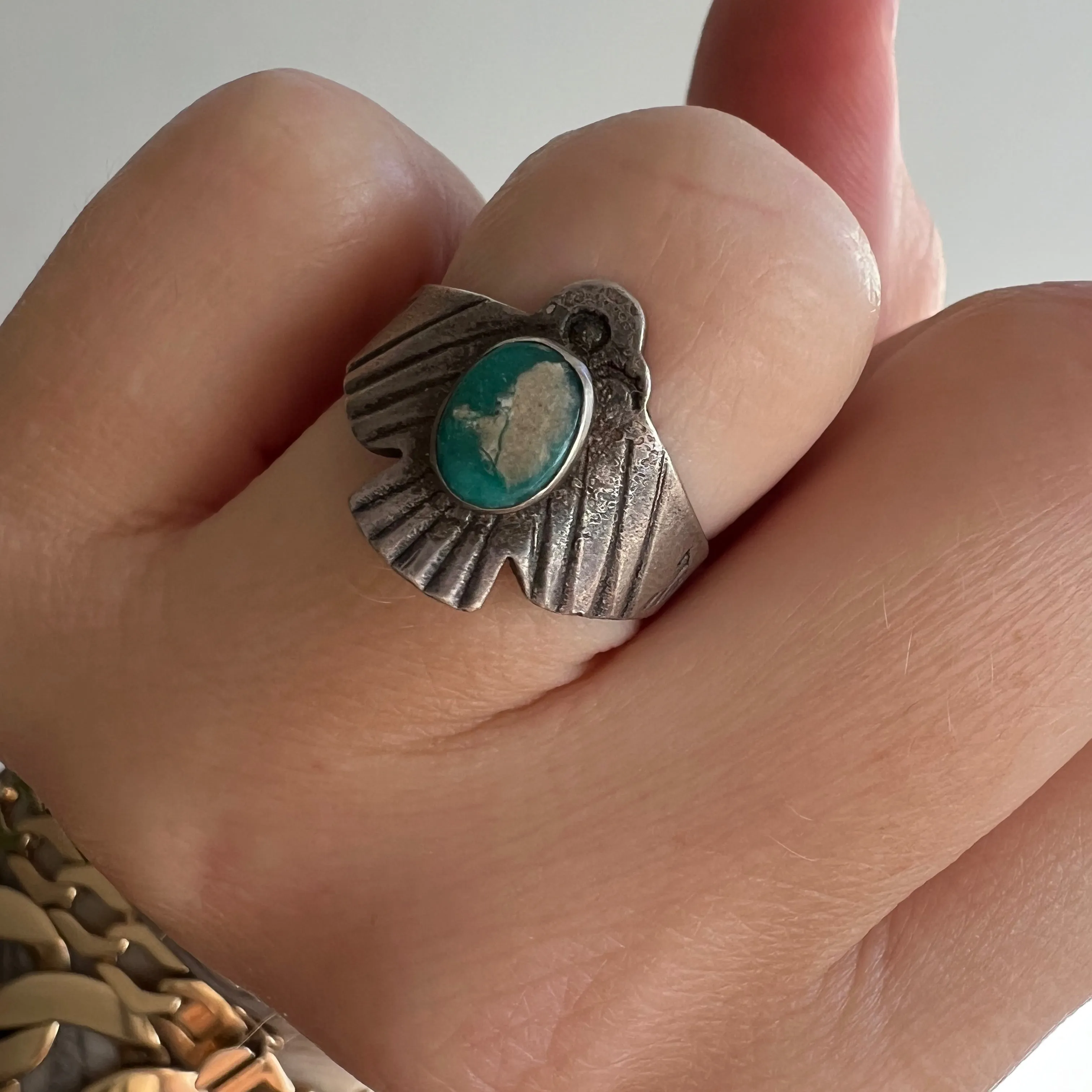 V I N T A G E // thunderbird embrace / sterling silver and turquoise bird ring / size 5.5