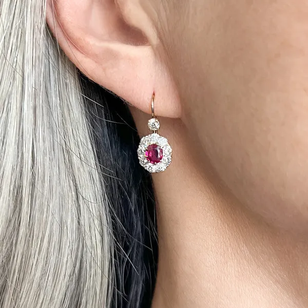 Victorian Ruby Diamond Cluster Earrings